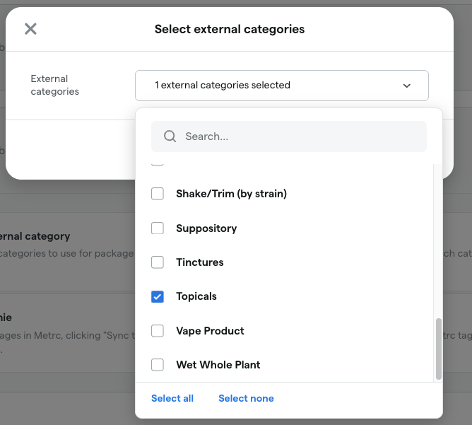 Dropdown menu for selecting product categories.