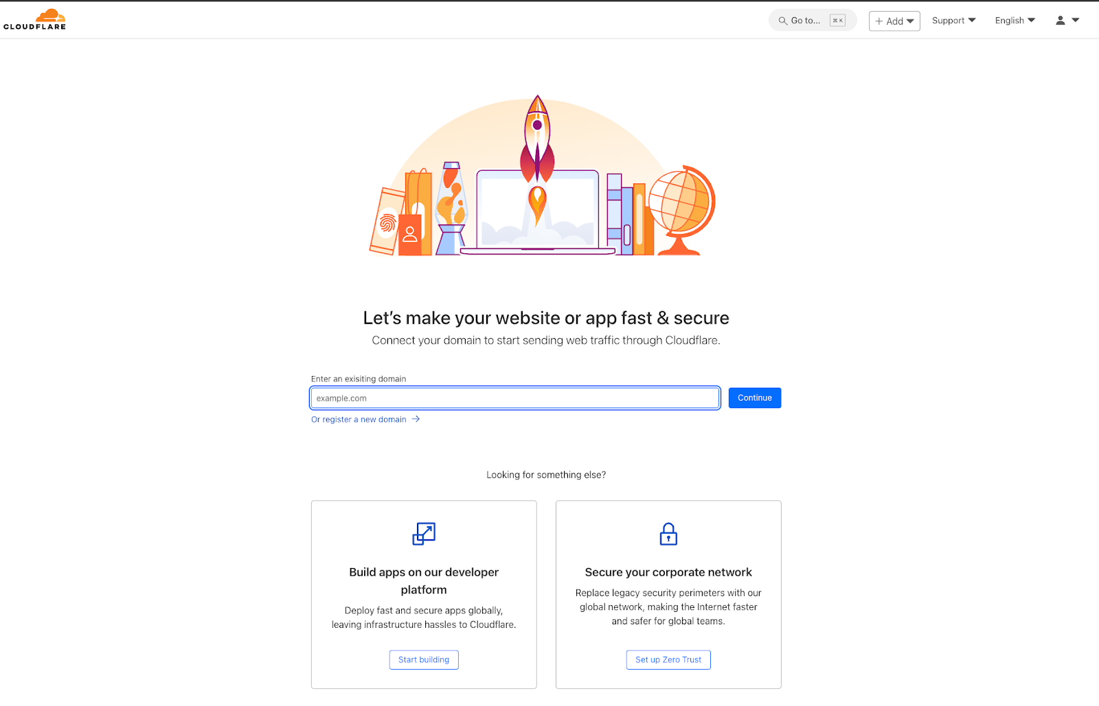 Cloudflare website interface with domain input.