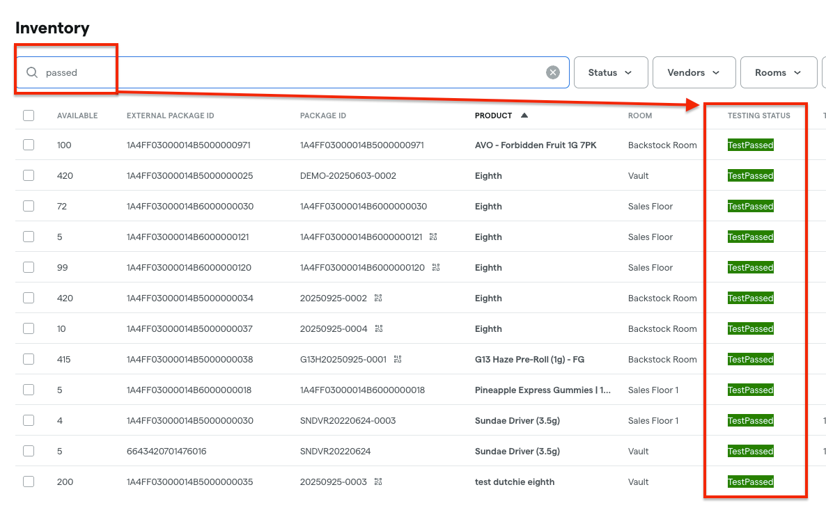 Inventory list with product details and statuses.