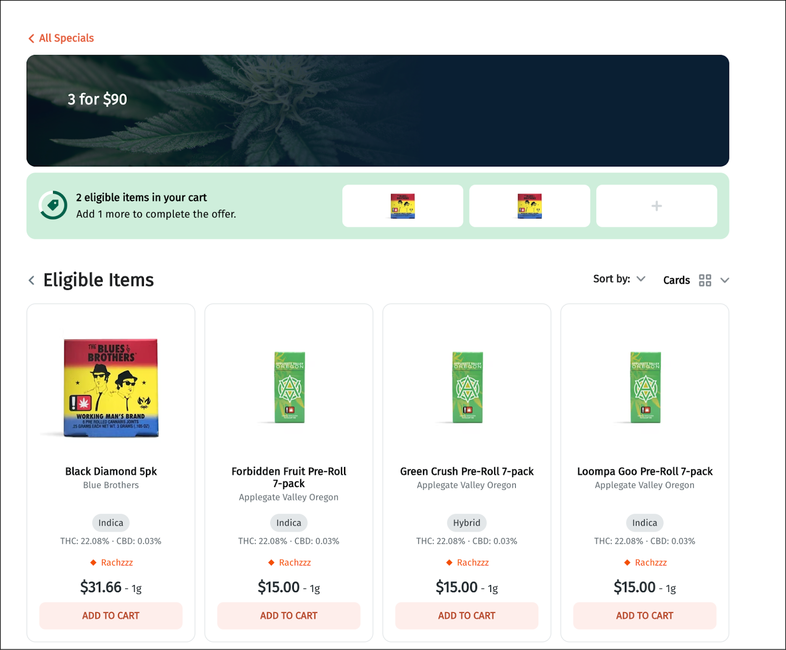 Shopping cart with cannabis products and offers.