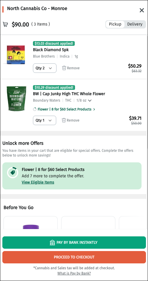 Shopping cart for cannabis products with discounts.