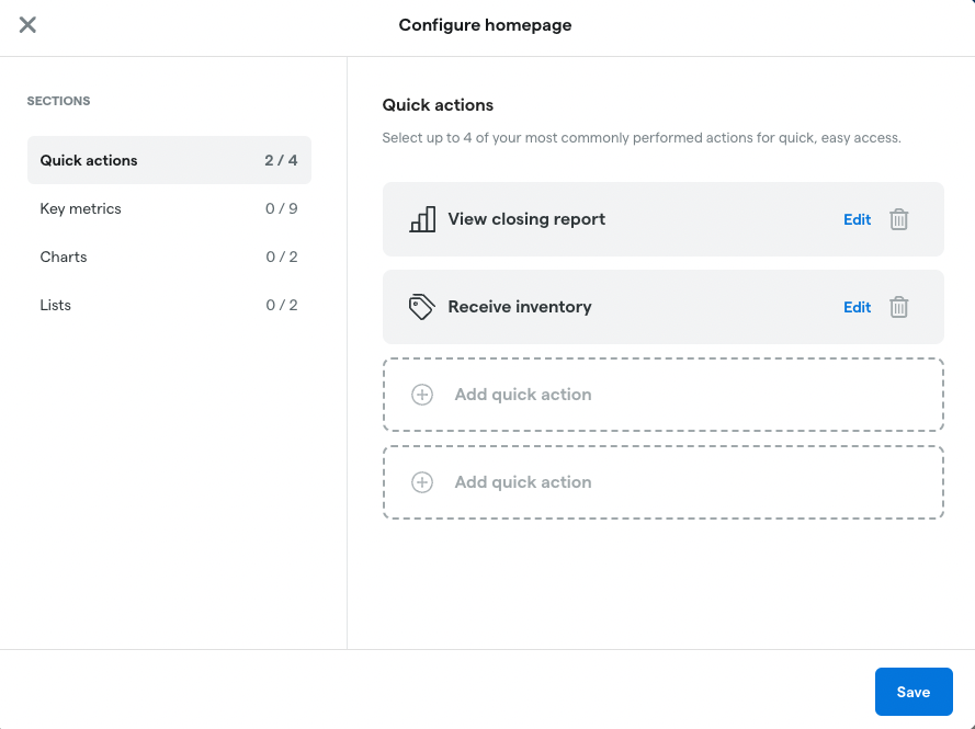 Configuration options for quick actions on a homepage.