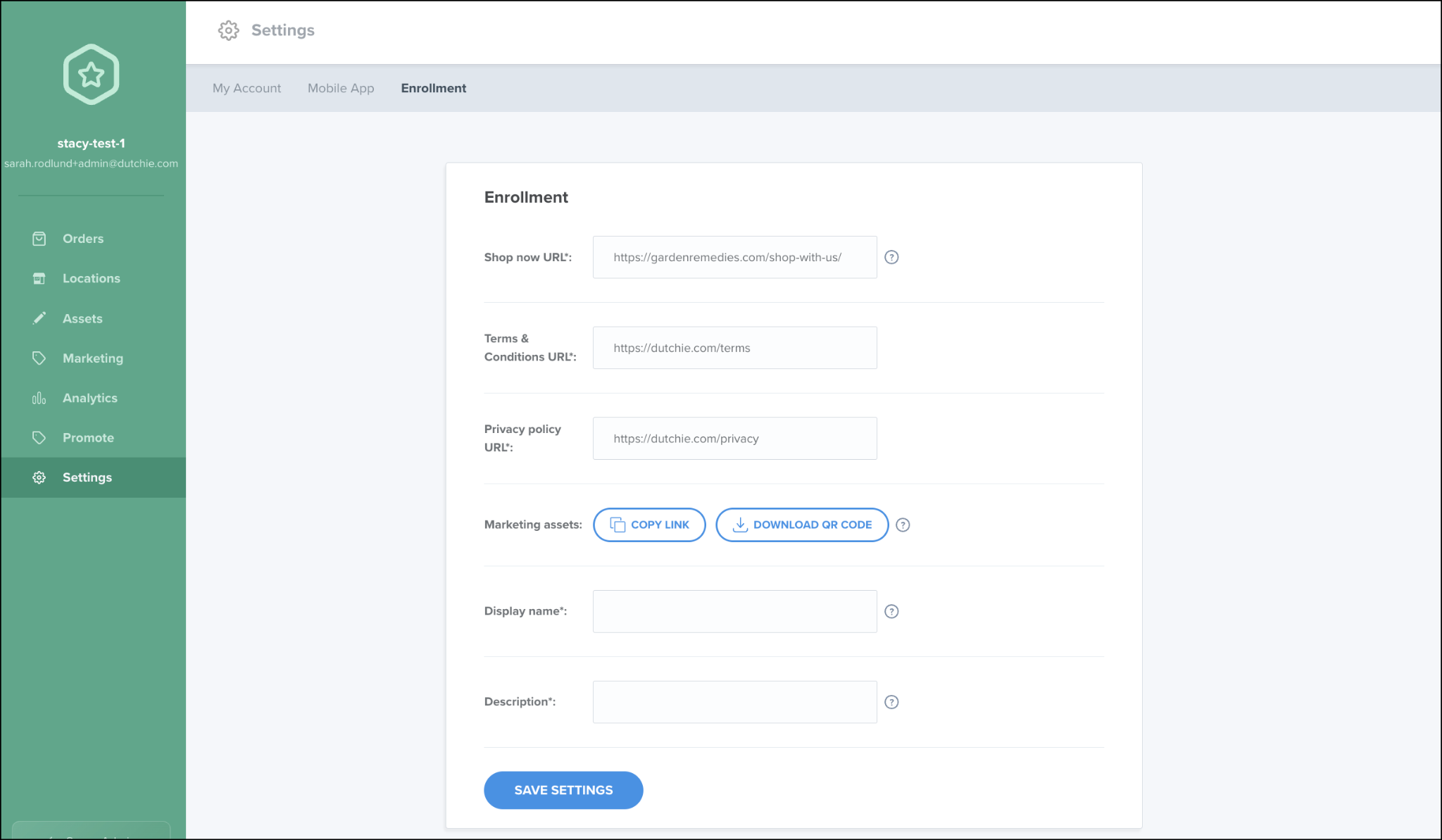 Settings page with enrollment options and links.
