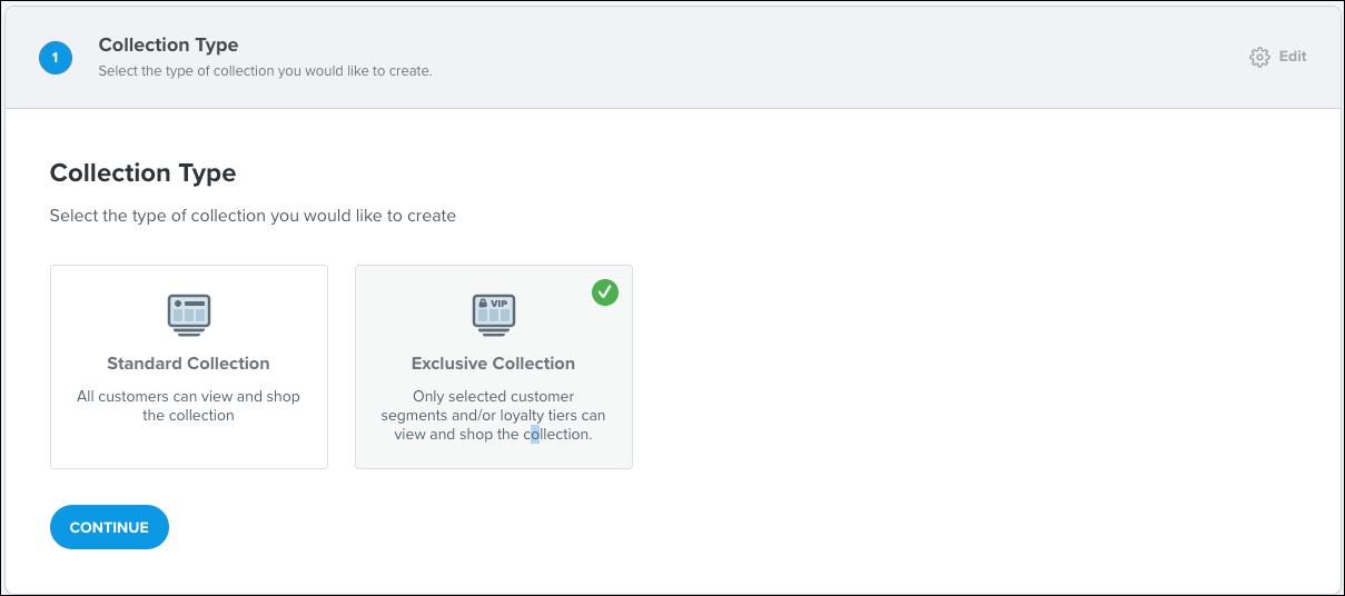 Collection type selection screen with two options