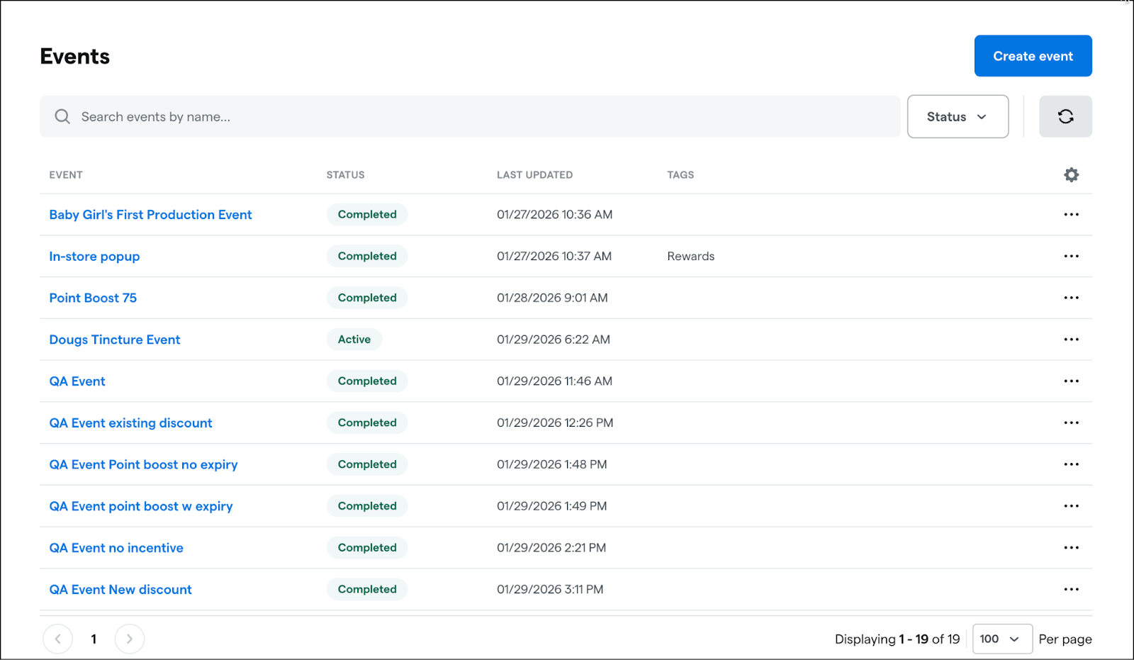Event list with statuses and update times