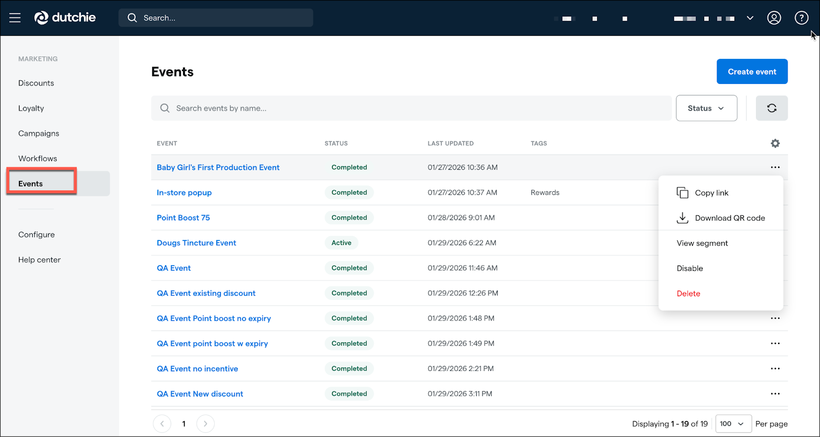 Dashboard showing a list of marketing events and their status