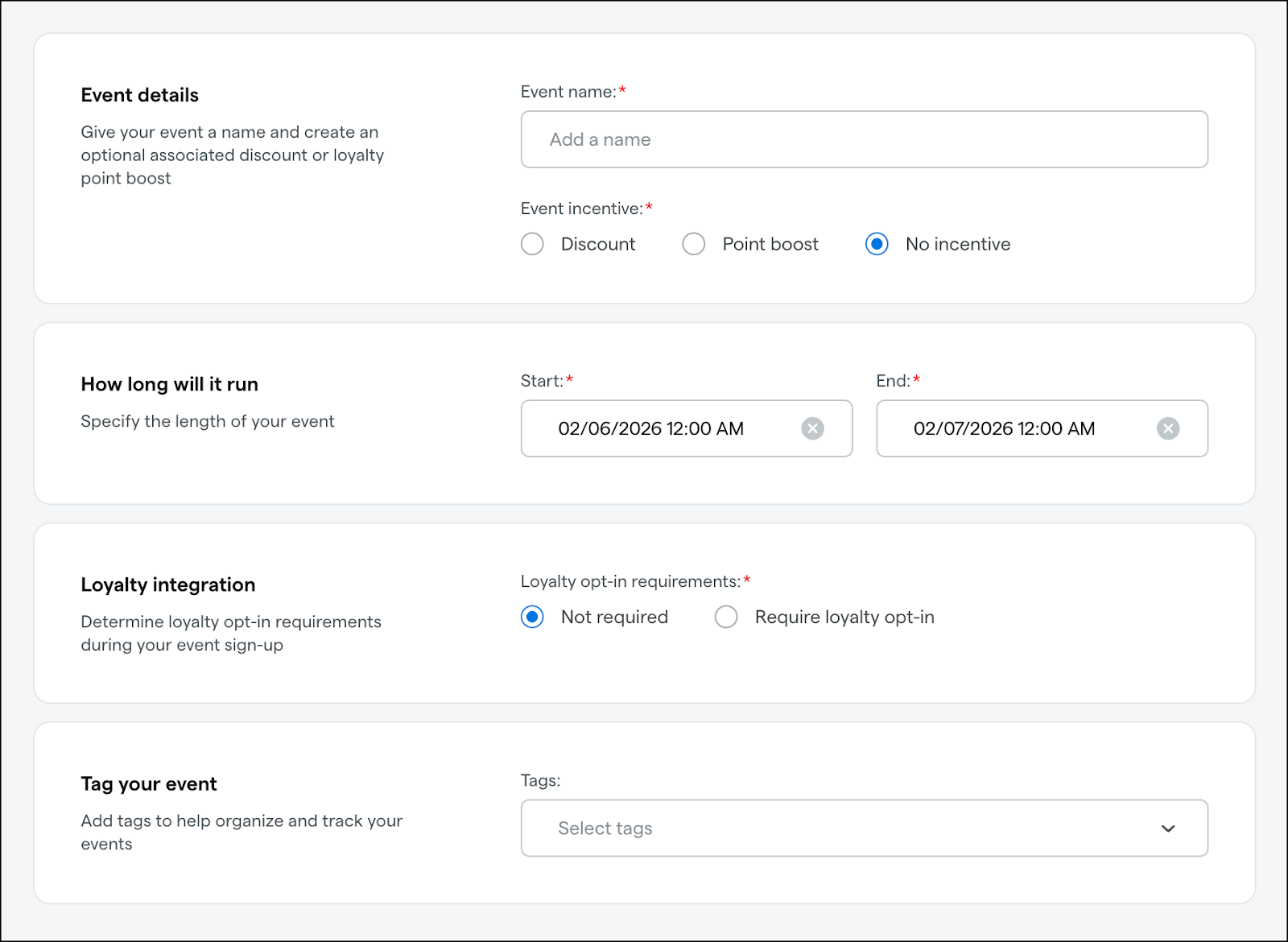 Event creation form with incentive and timing options