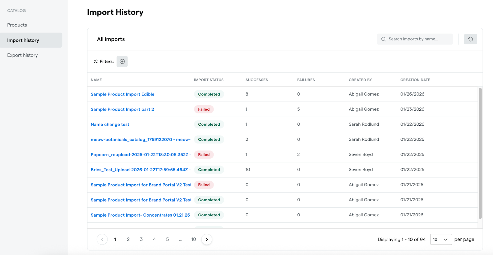 Import history table with statuses and details