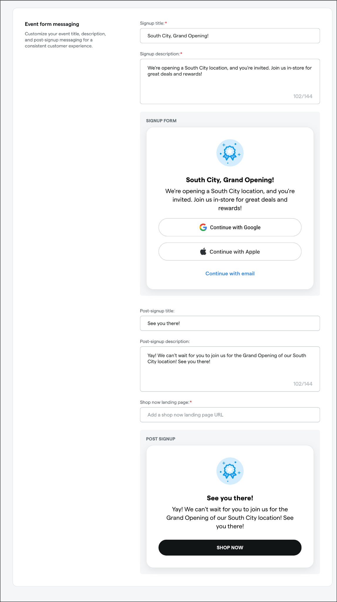 Event form setup for South City grand opening