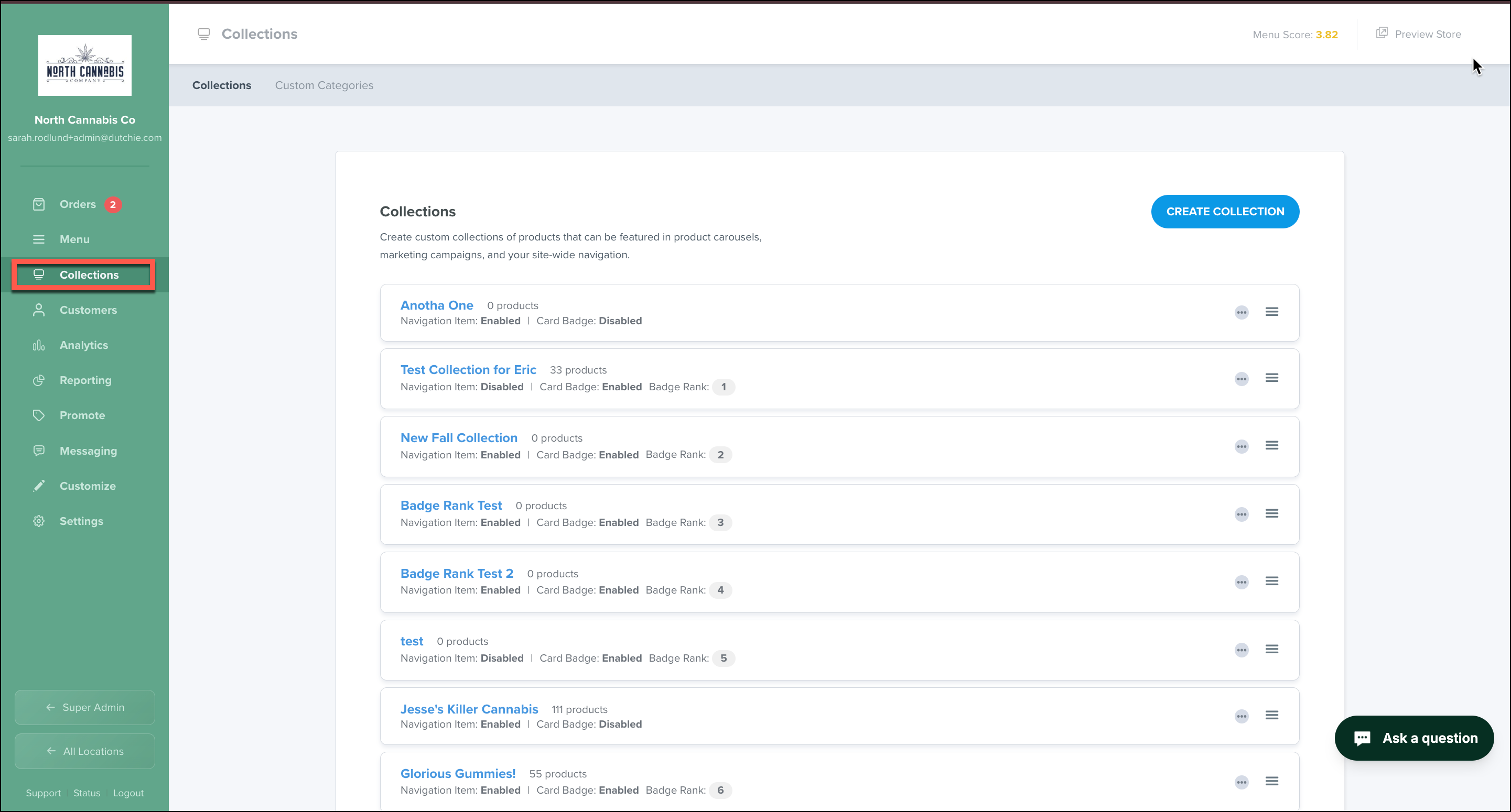 Dashboard showing product collections list