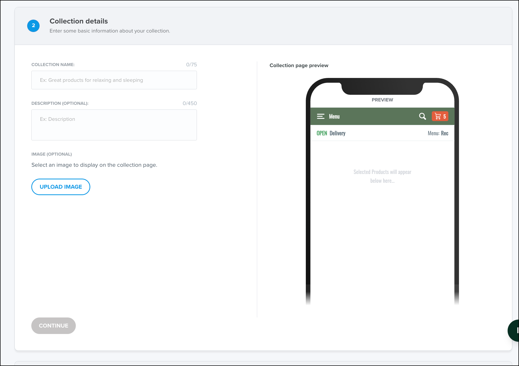 Collection details form with mobile preview mockup