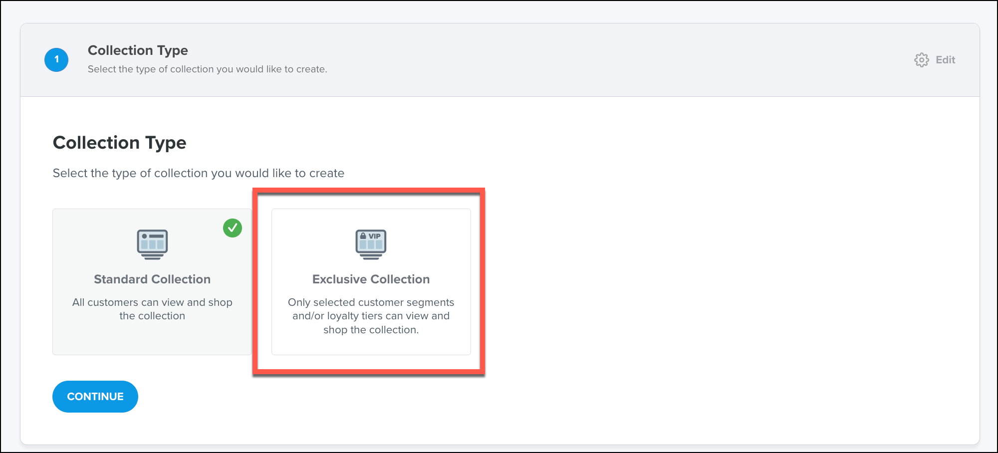 Collection type selection screen with two options