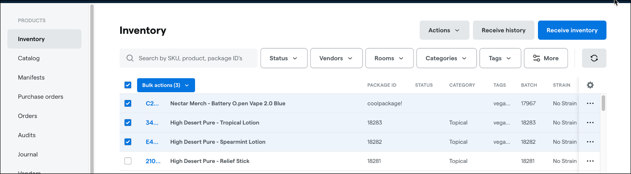 Inventory management interface with product list