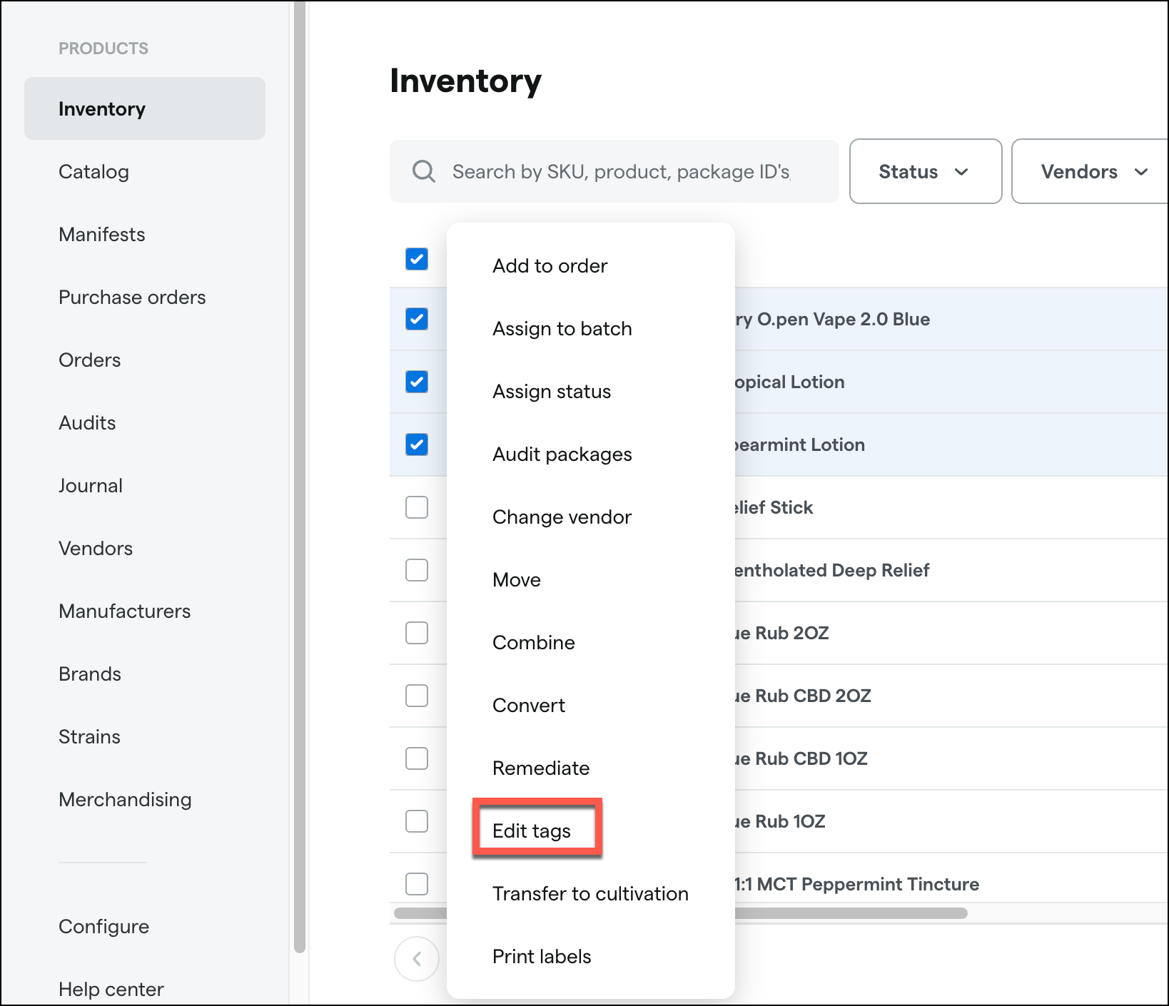 Inventory management menu with edit tags option highlighted