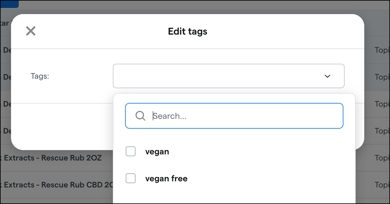 Tag editing interface with search and checkboxes