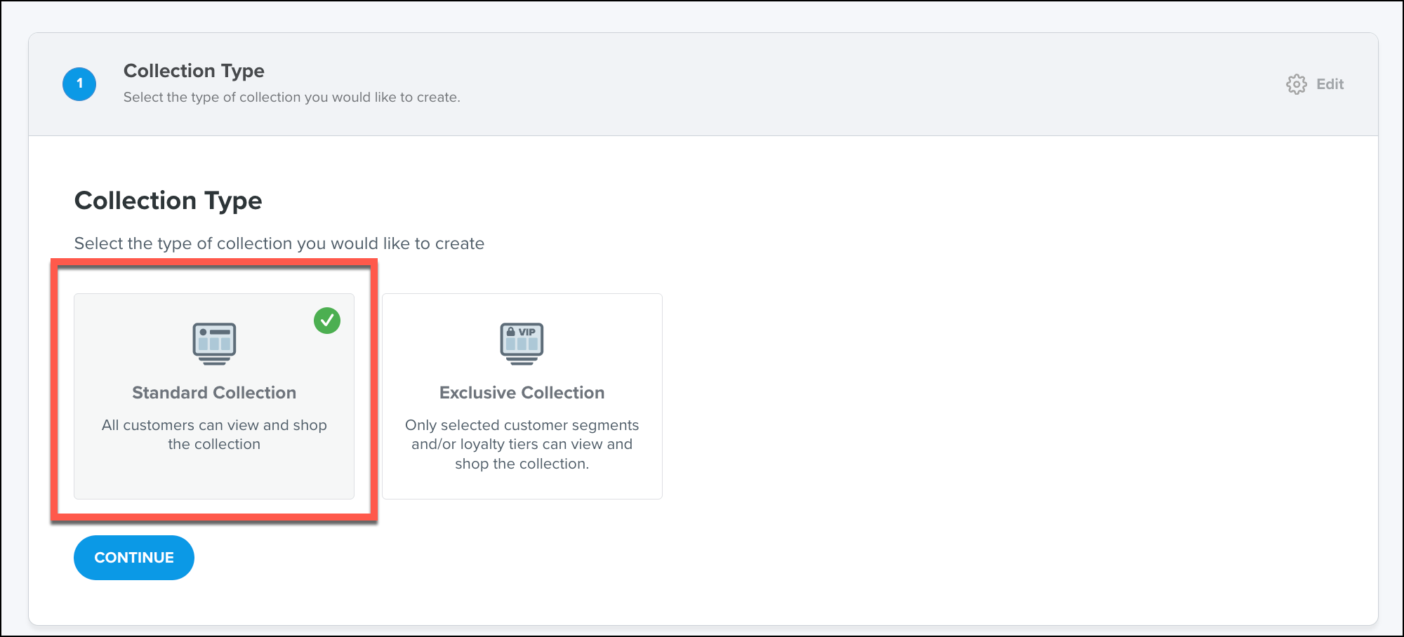 Collection type selection screen with two options