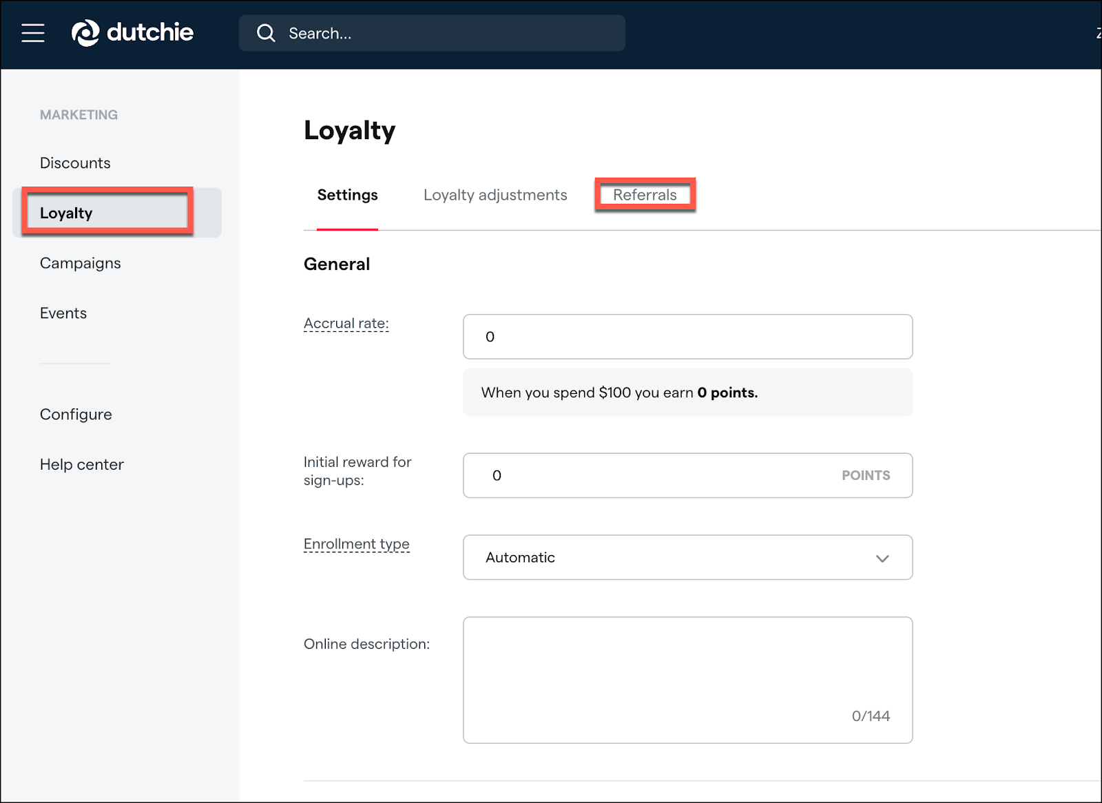 Loyalty program settings page on Dutchie website