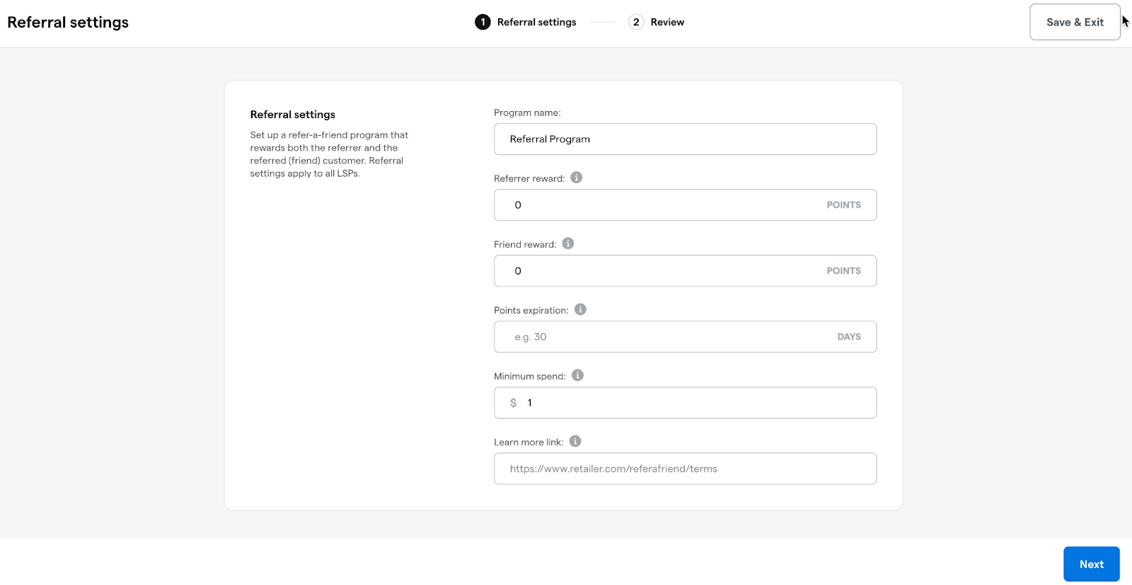 Referral program settings form with reward fields