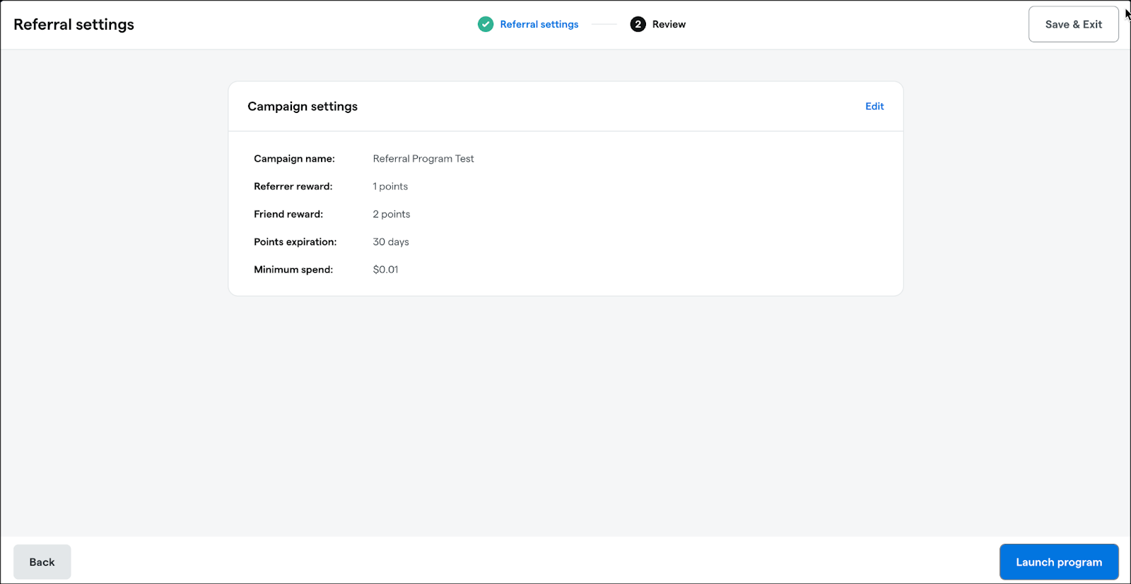Referral program campaign settings summary screen