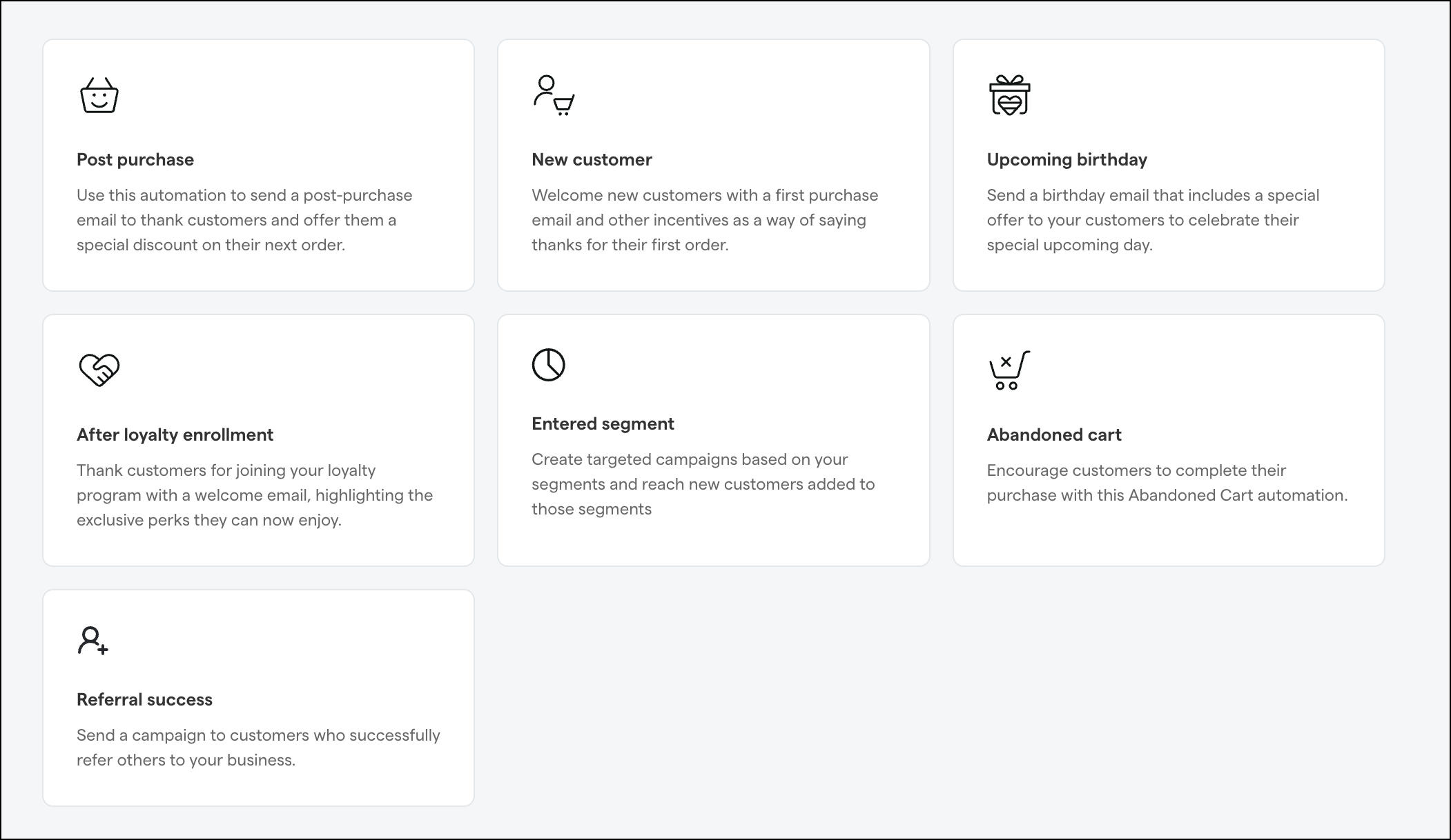 Icons representing different customer email automation options