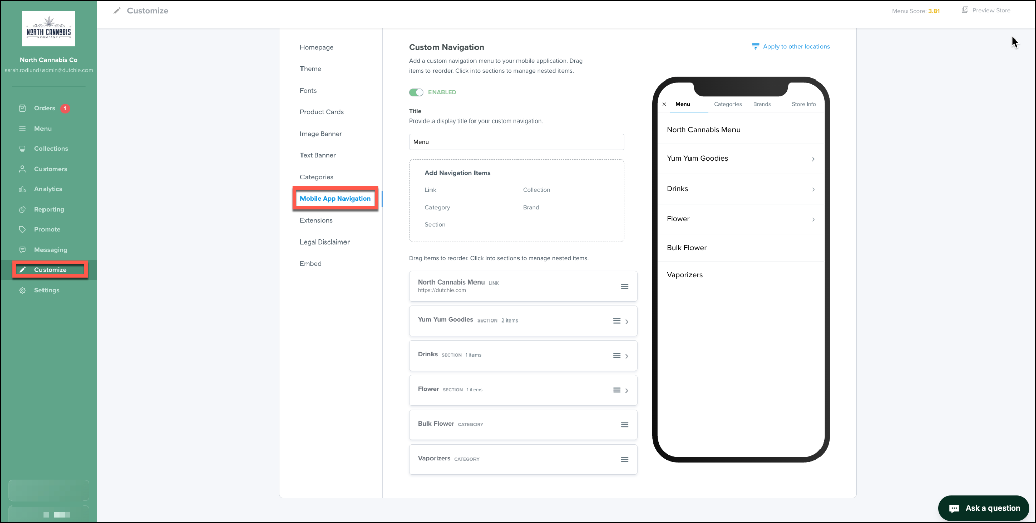 Mobile app navigation menu customization screen