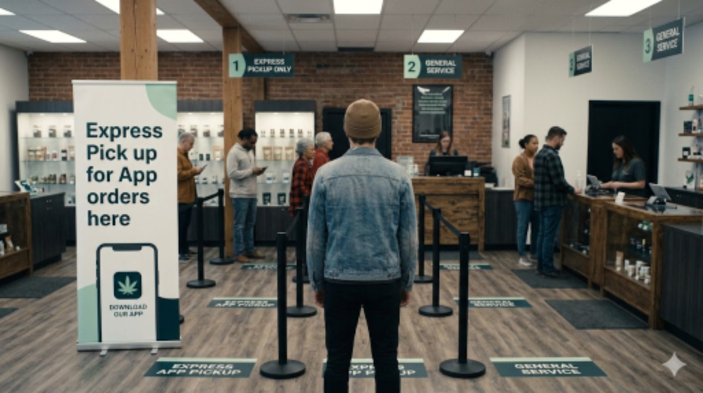 People waiting in line at a dispensary counter