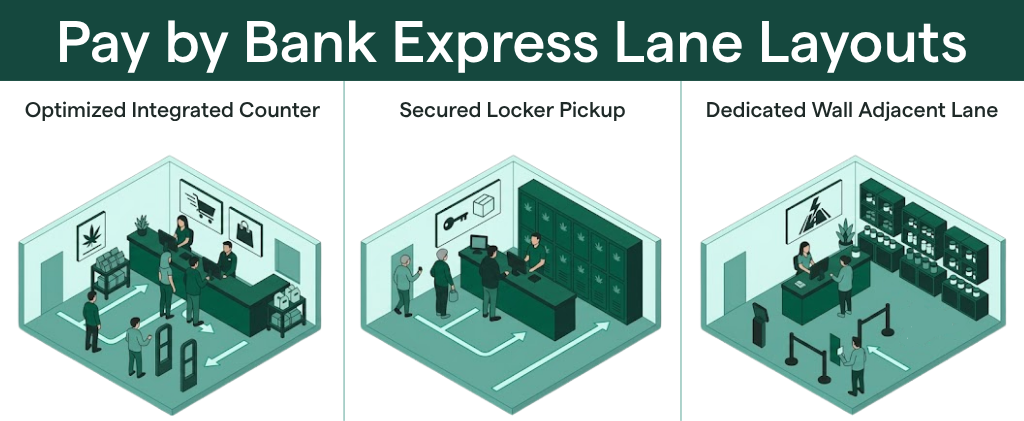 Three pay-by-bank express lane layouts in a store