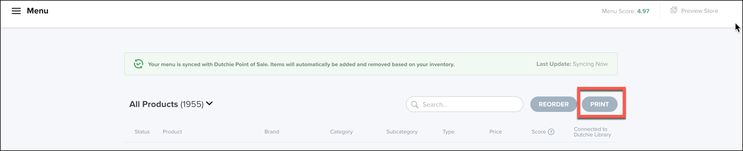 Print button on product menu screen