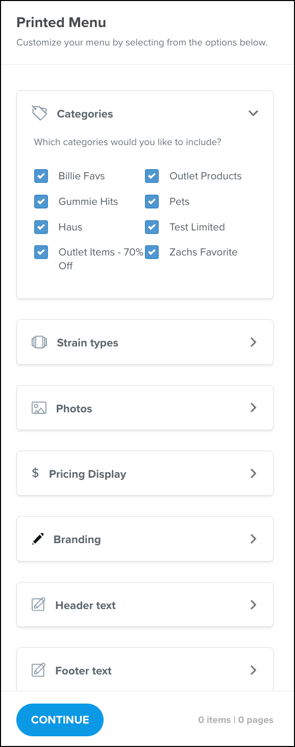 Menu customization options with categories selected