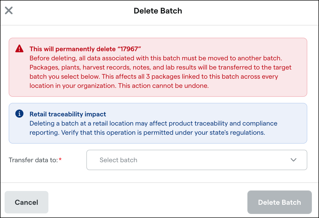 Delete batch confirmation dialog with warnings
