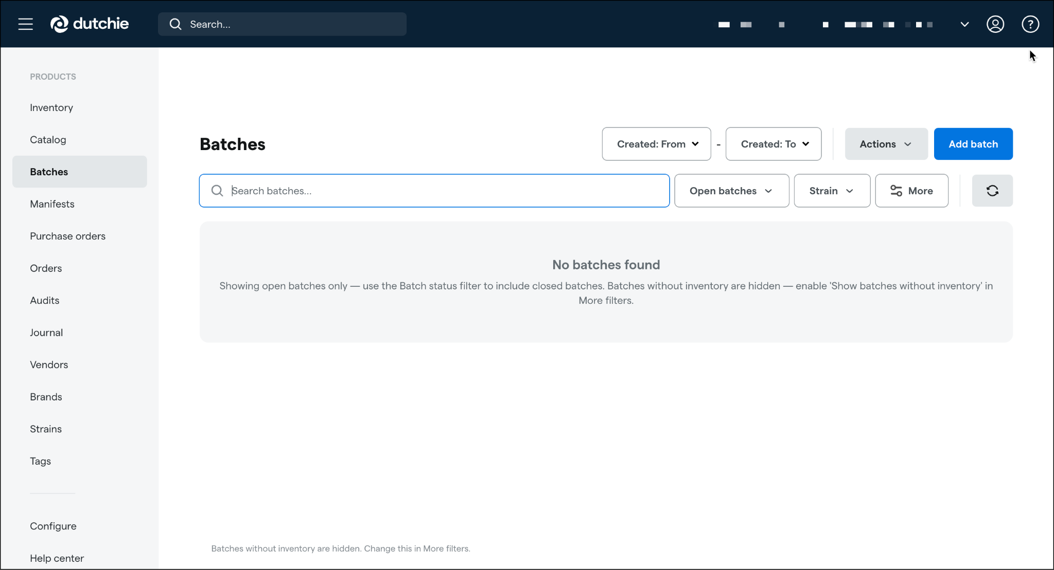 Dashboard screen showing no batches found message