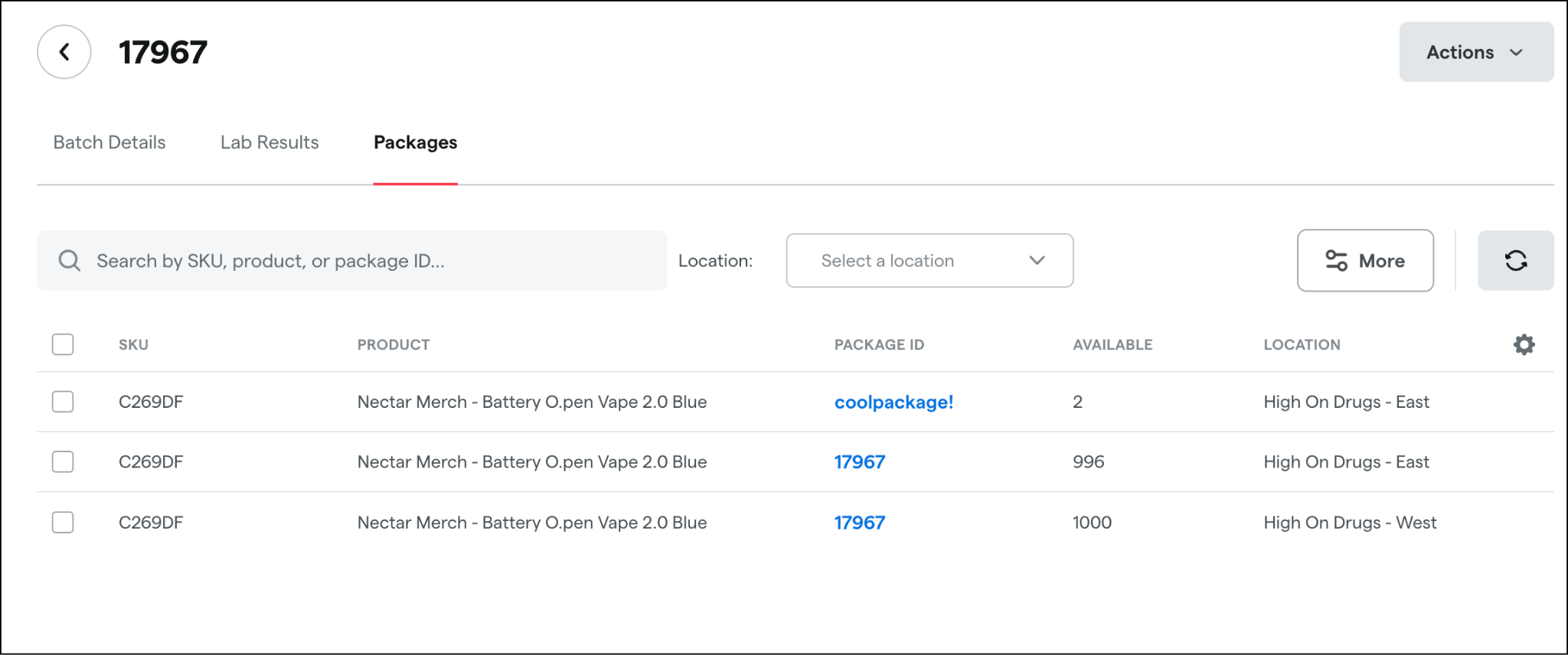 Inventory list of vape battery packages and locations
