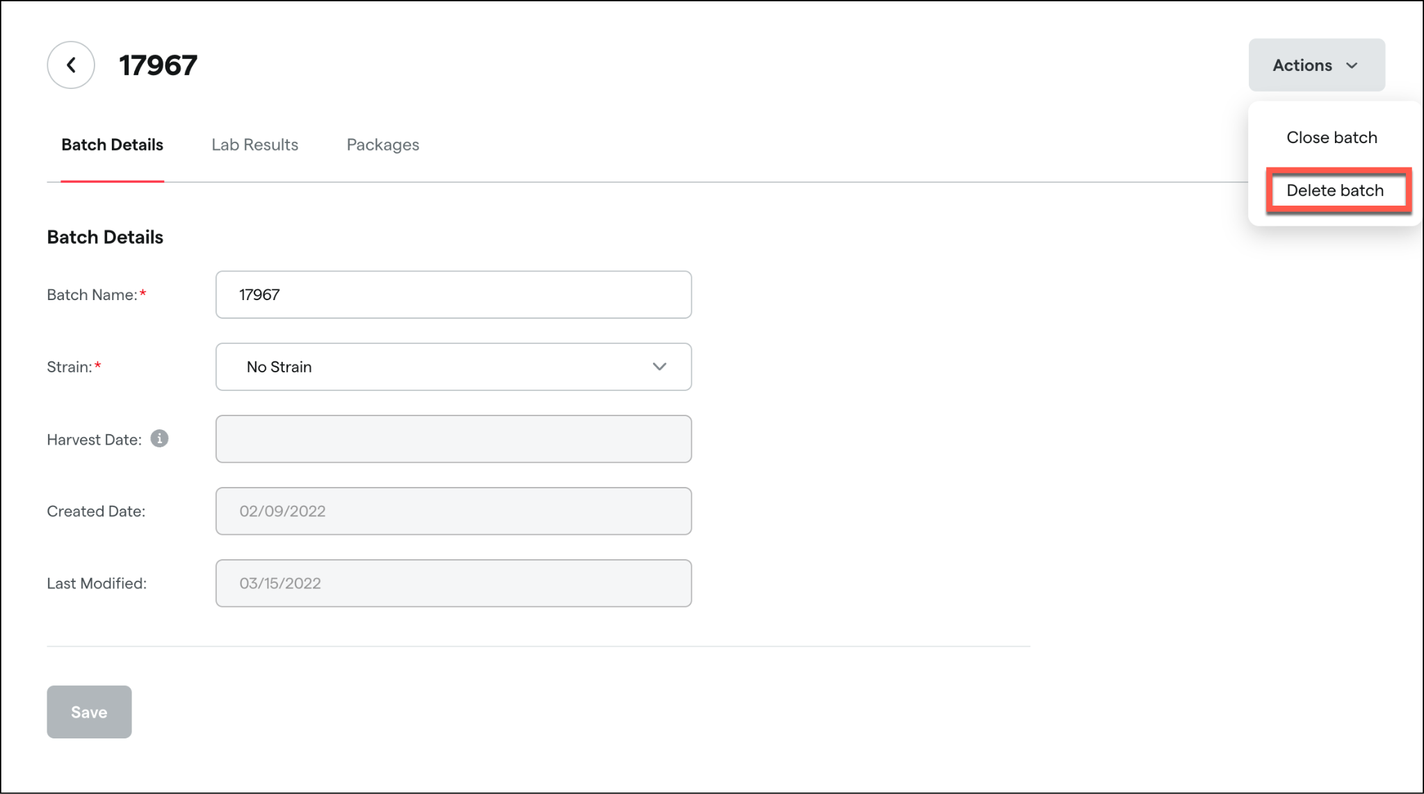 Batch details form with delete batch option highlighted