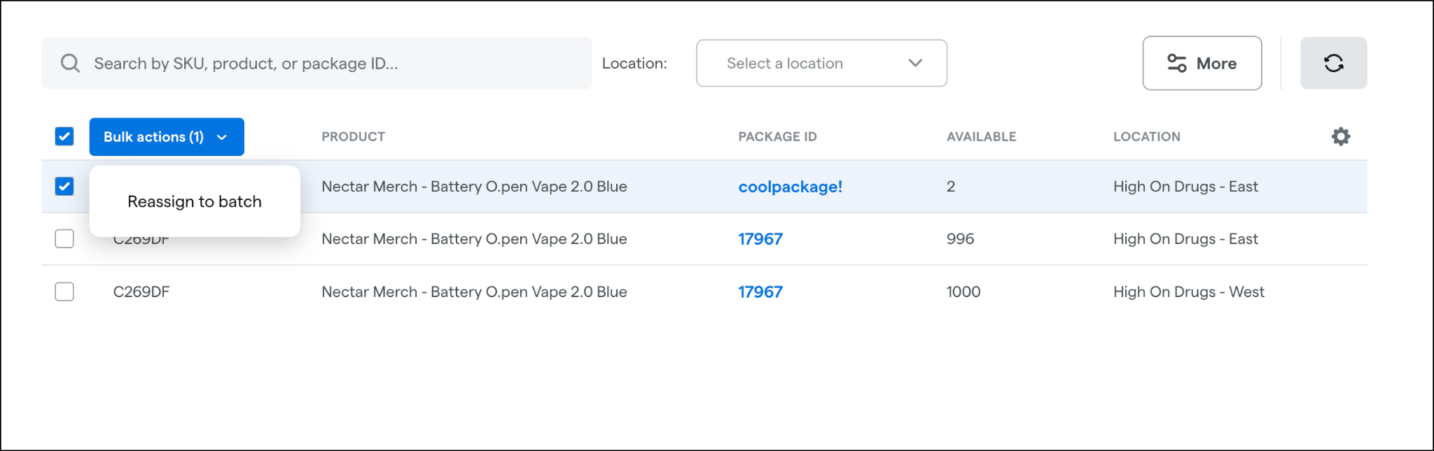 Inventory list with product and location details