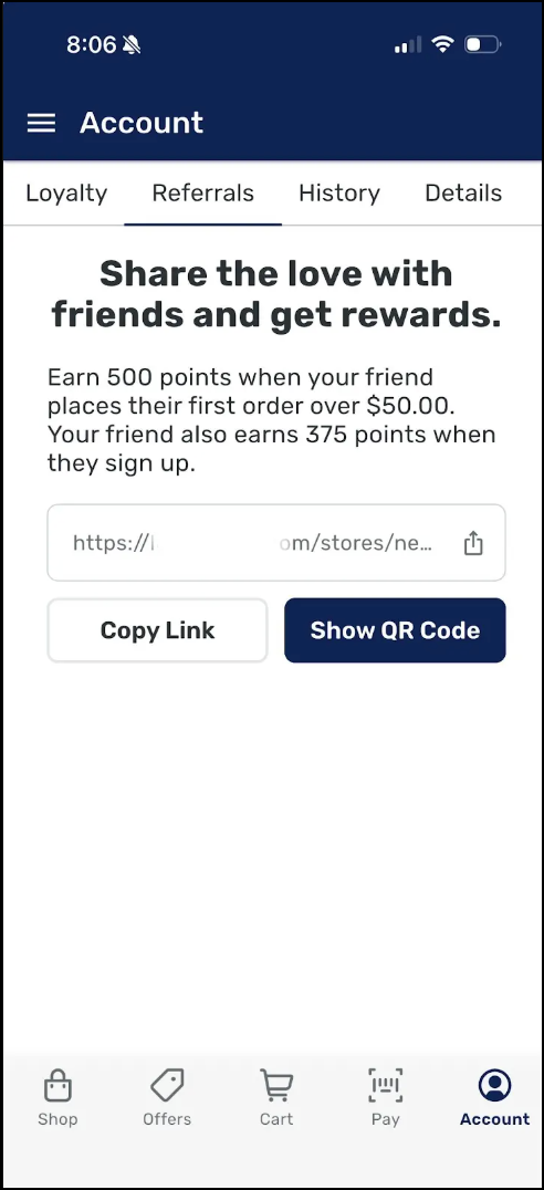 Referral rewards program screen on mobile app