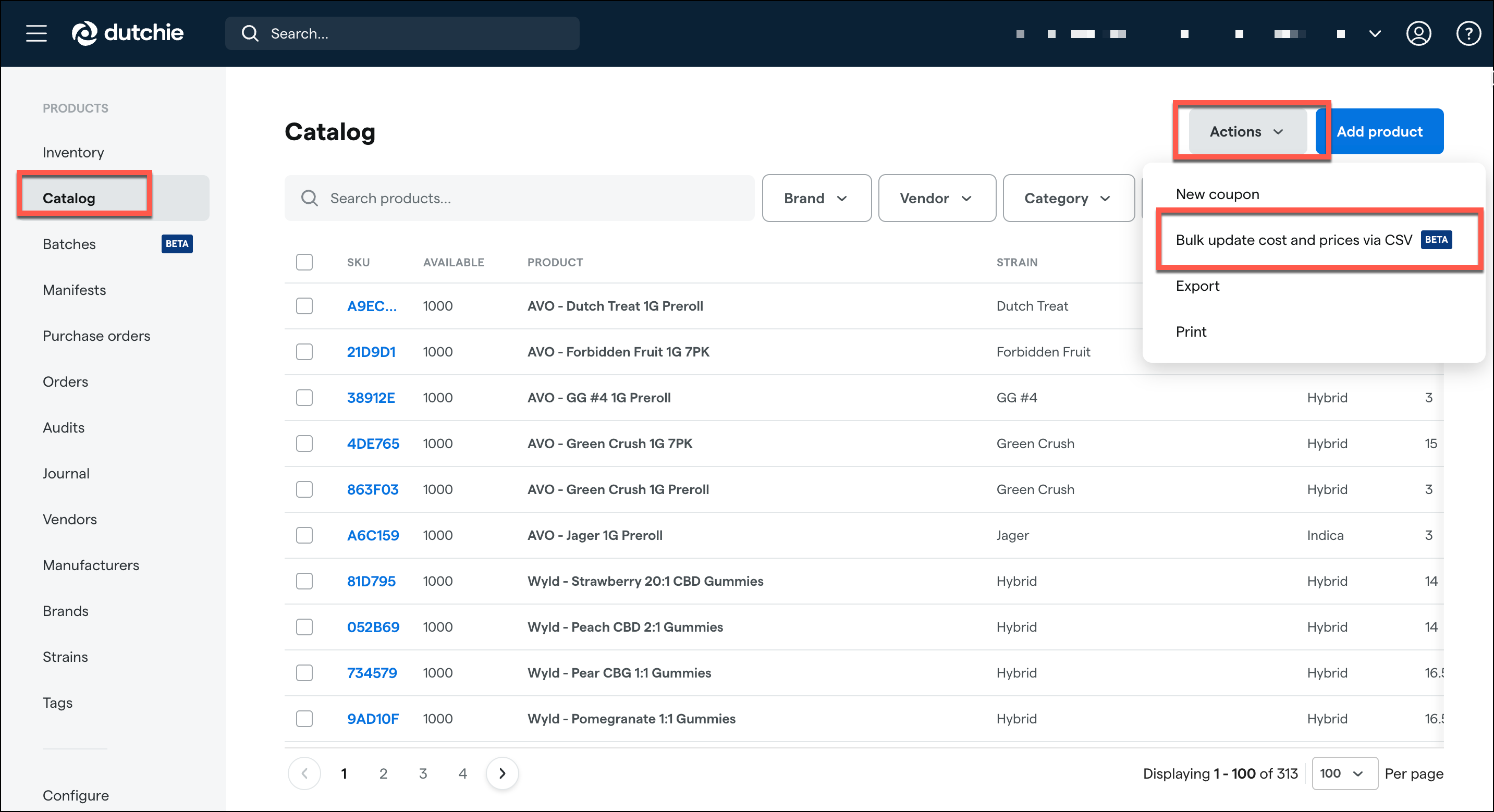 Catalog page with product list and bulk update option