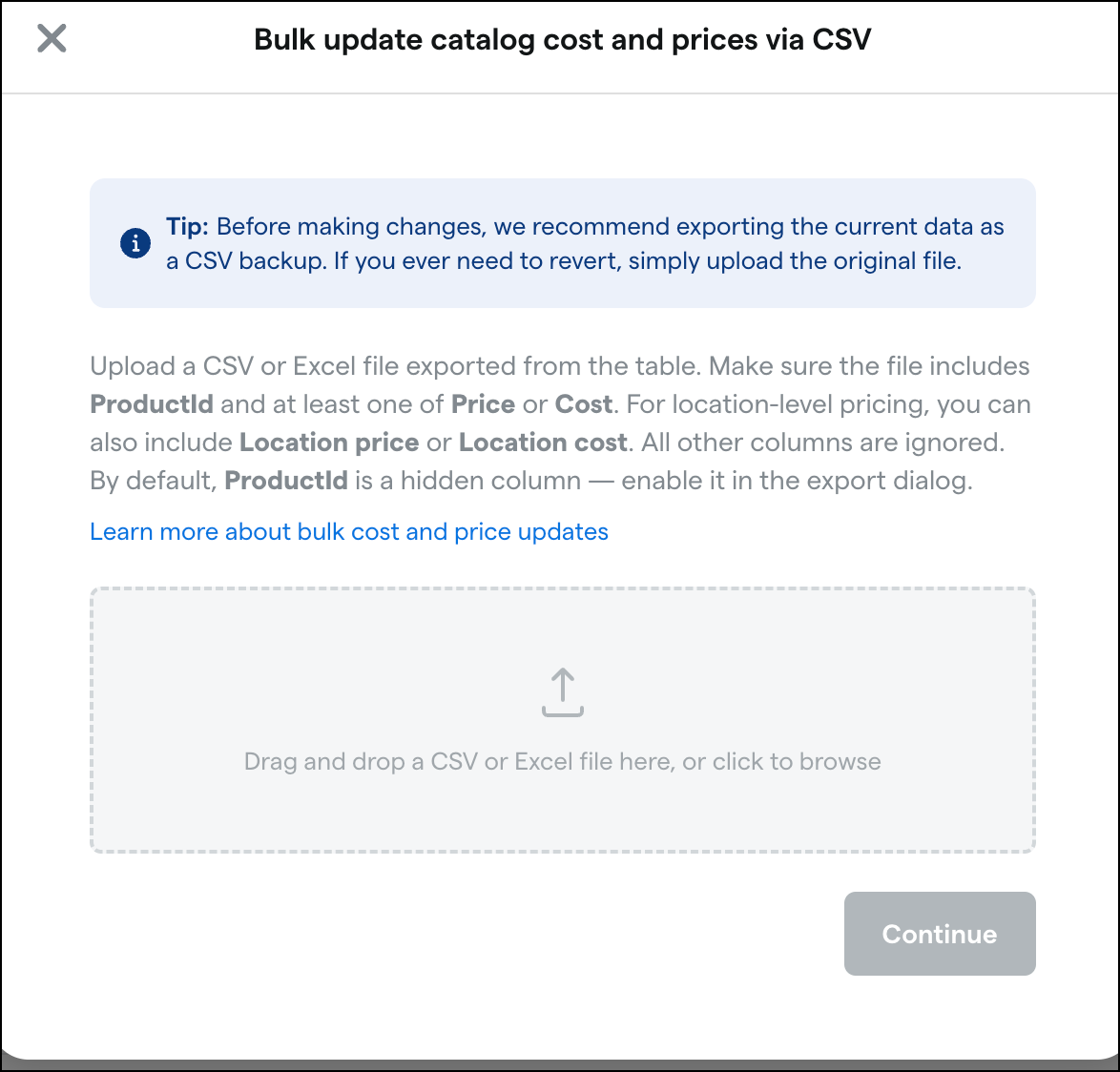 Bulk update catalog cost and prices upload screen