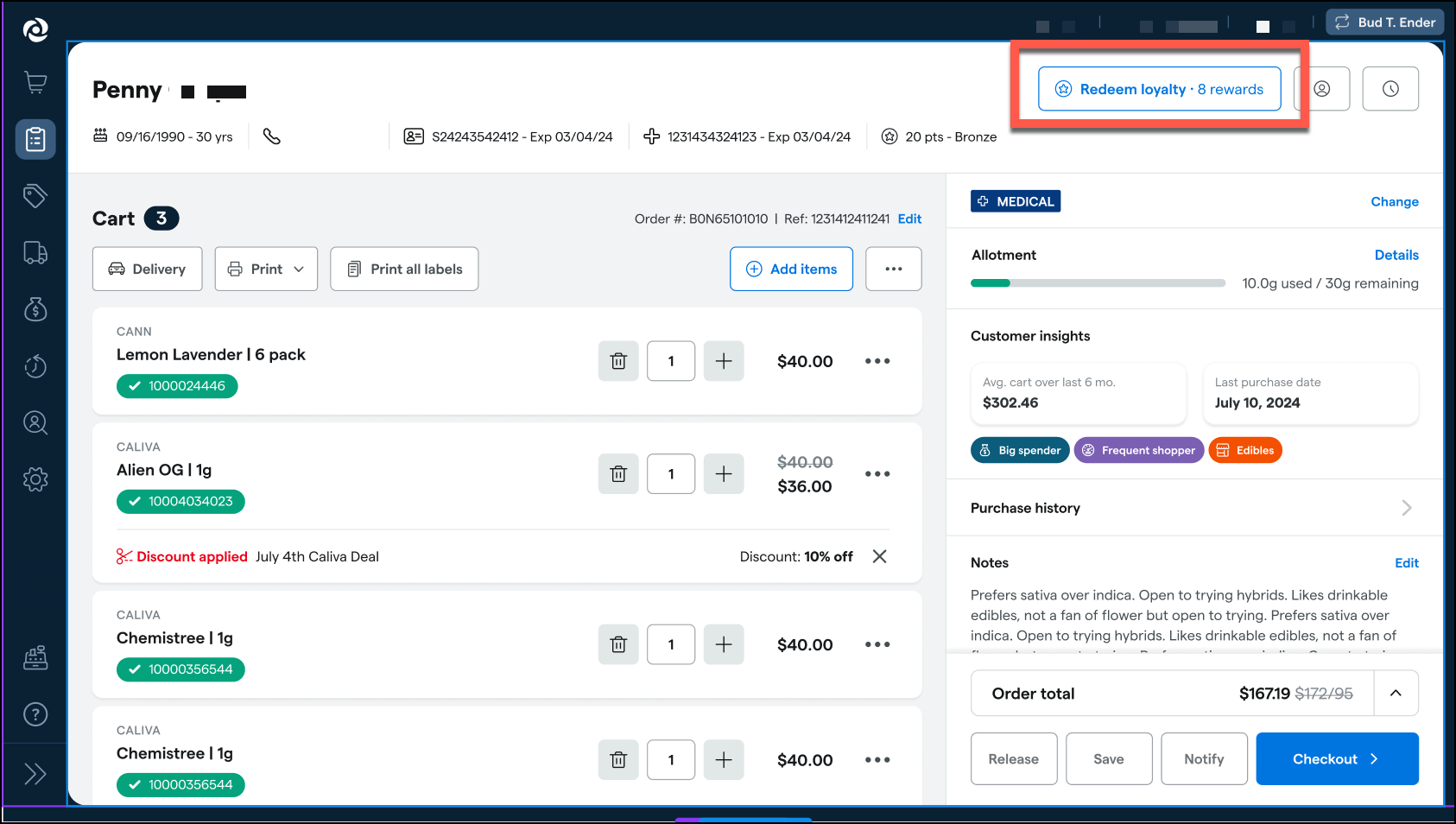 Online shopping cart with cannabis products and loyalty rewards