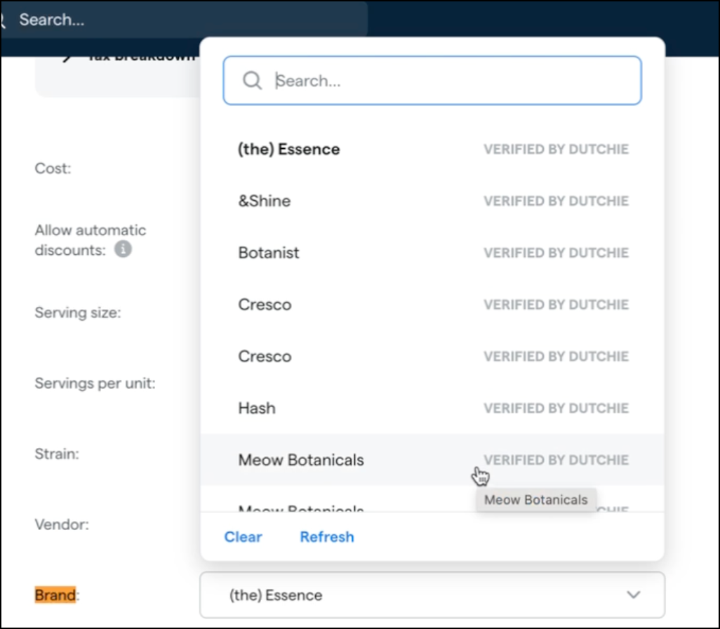 Dropdown menu showing verified brand names