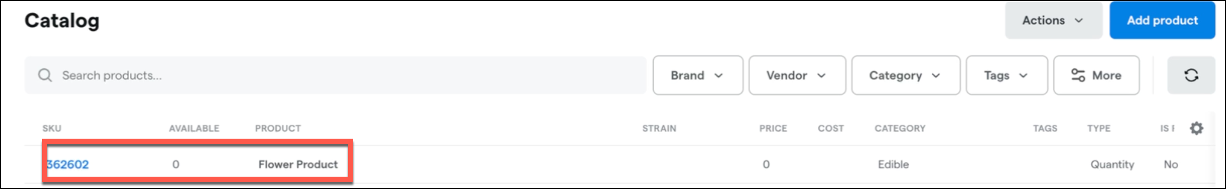 Catalog listing showing a flower product with zero availability