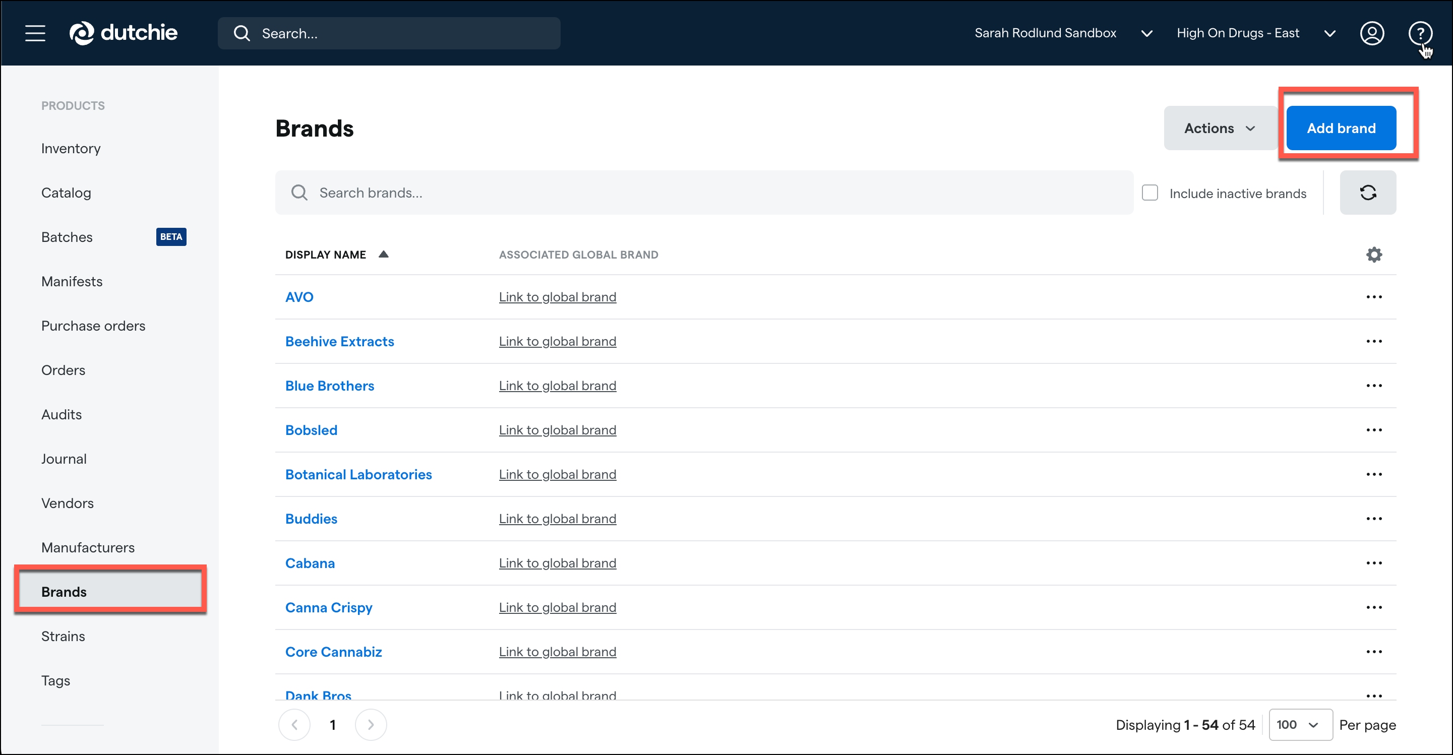 Brands list page with Add brand button