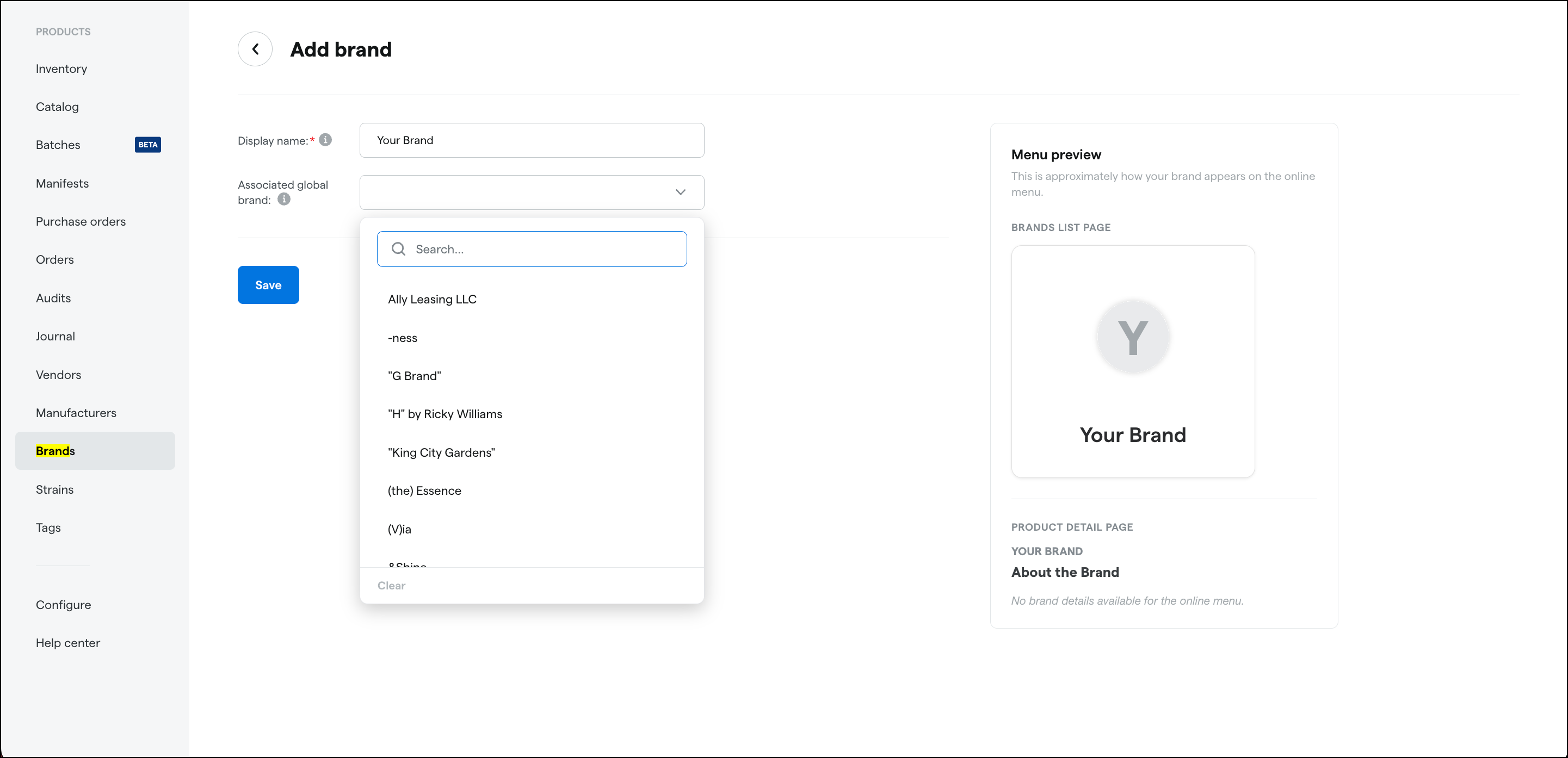 Add brand page with brand selection dropdown