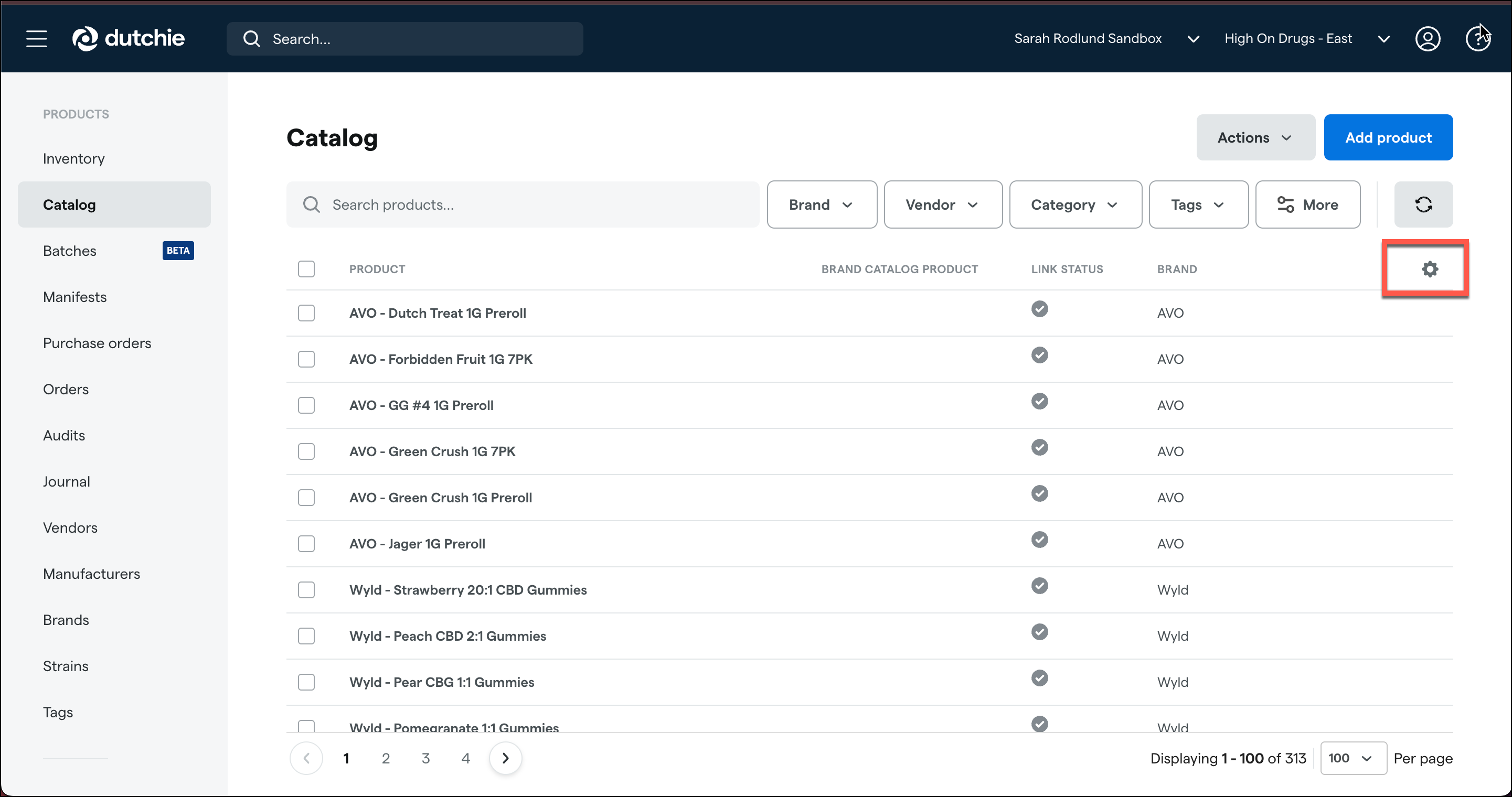 Product catalog list on Dutchie platform