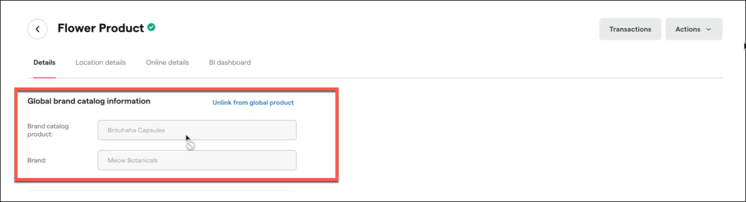 Global brand catalog information section on product page