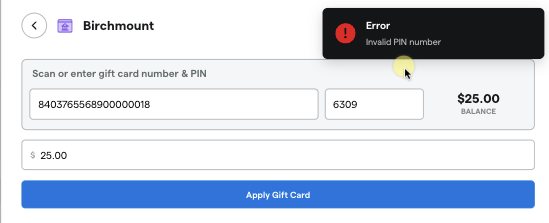 Gift card entry form with invalid PIN error message