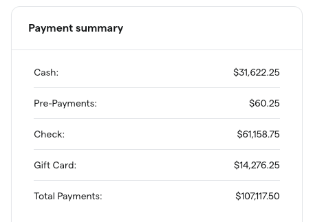 Payment summary with cash, check, and gift card amounts