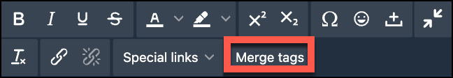 Toolbar with text formatting and merge tags option highlighted