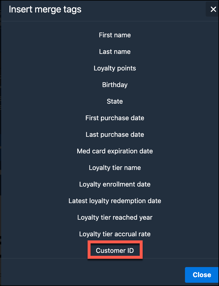 List of merge tags for customer data insertion