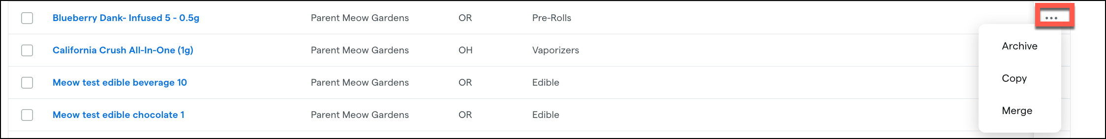 Ellipsis menu with options on product list