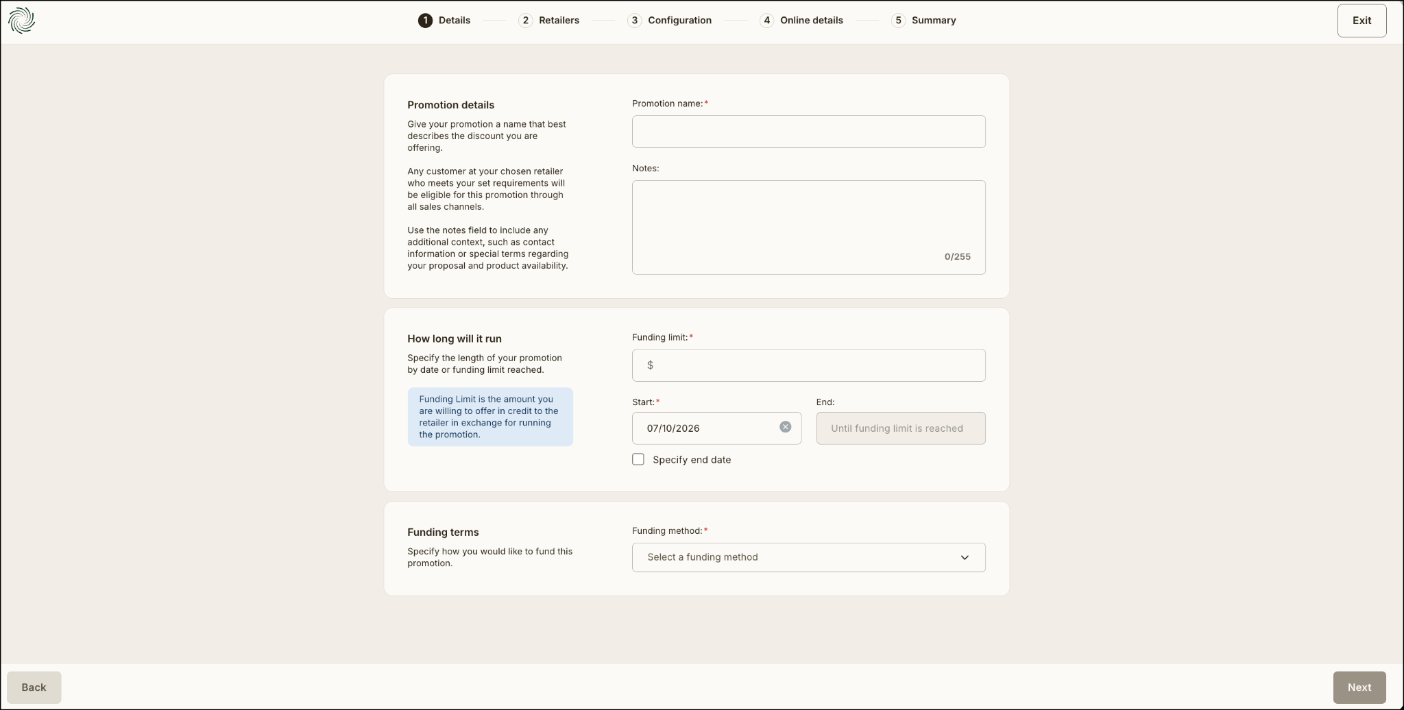Promotion setup form with details and funding options